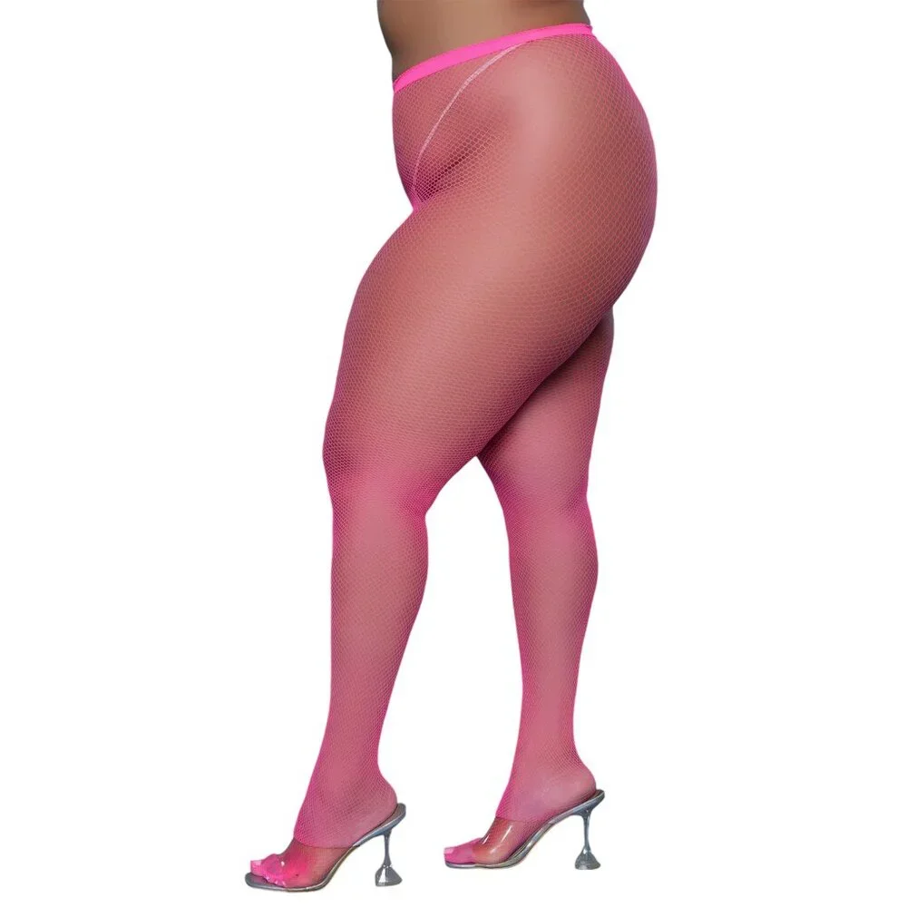 High Waisted Fishnet Pantyhose - Hot Pink
